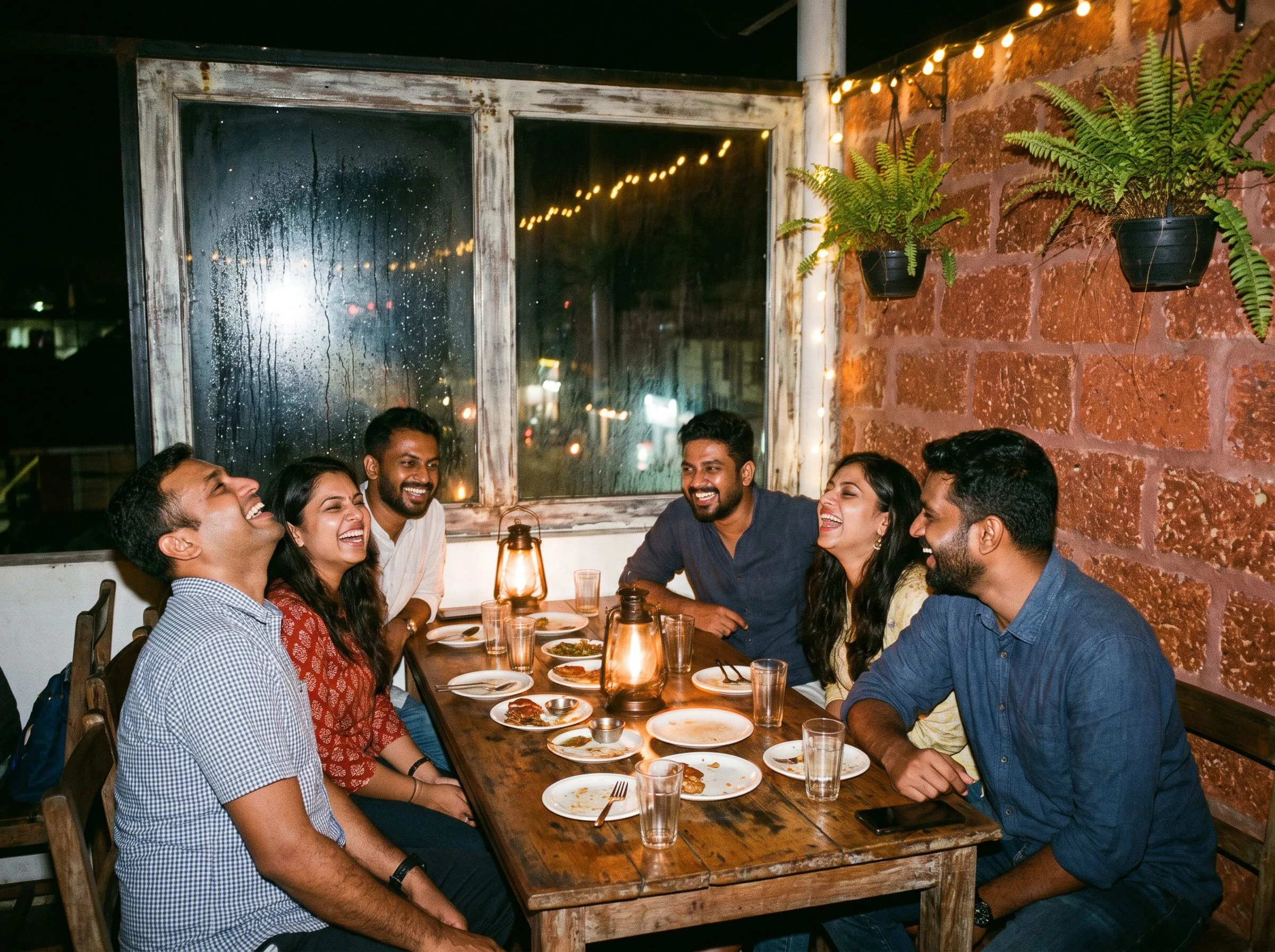 Friends mid-laugh at a rooftop